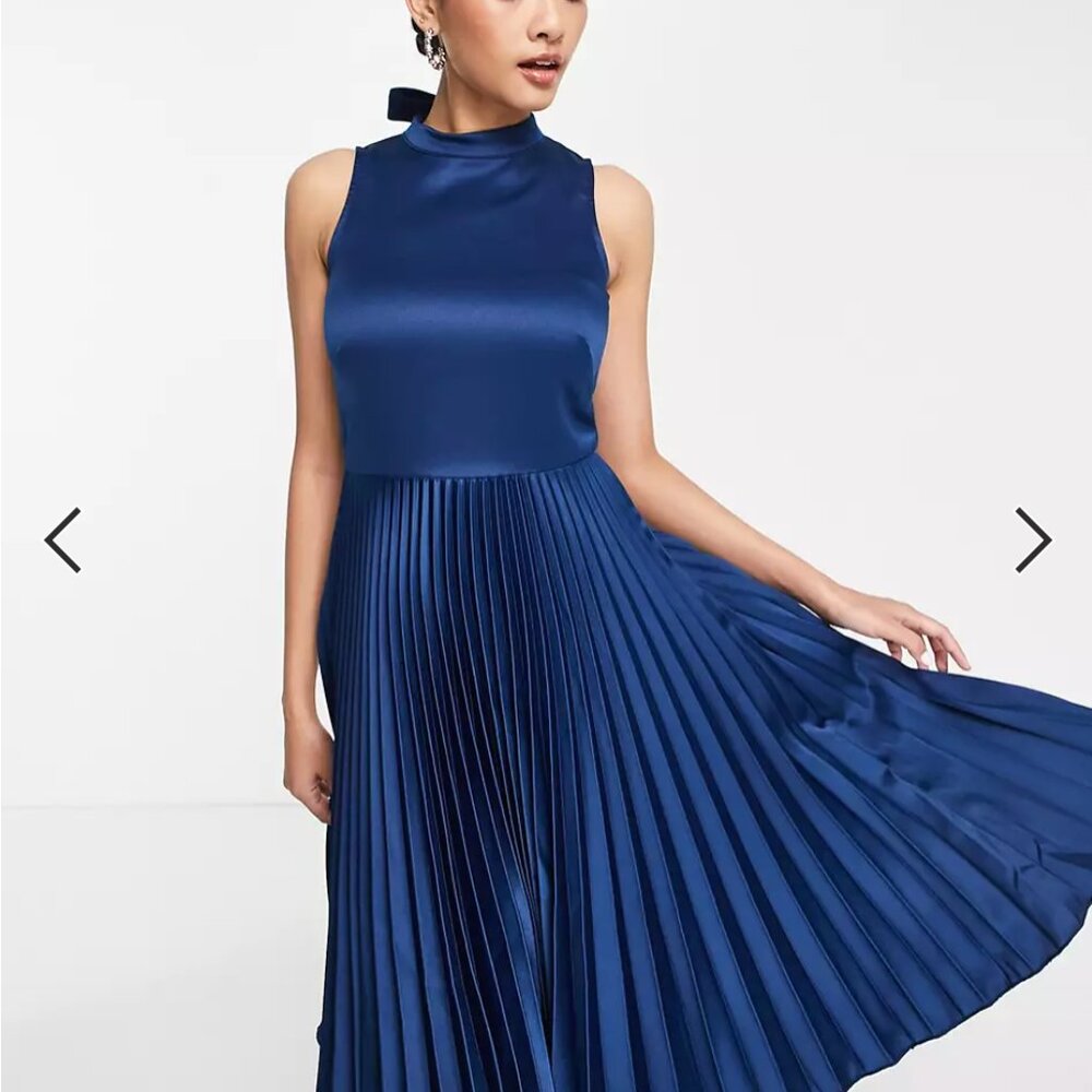NWT Womens ASOS Closet London High Neck Navy Blue Satin Pleated Midi Dress 10